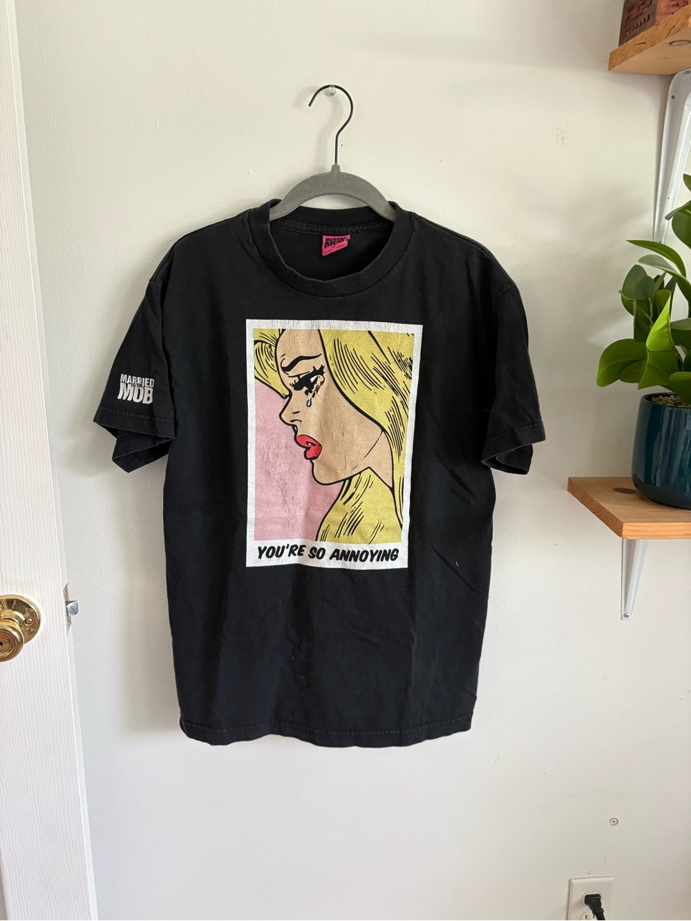 Married to the Mob Black Graphic Tee with Yellow & Pink Pop Art